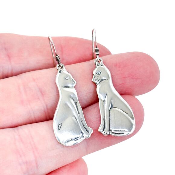 Vintage Sterling Silver 925 Sitting Cat Kitten Dangle Earrings - Picture 1 of 7
